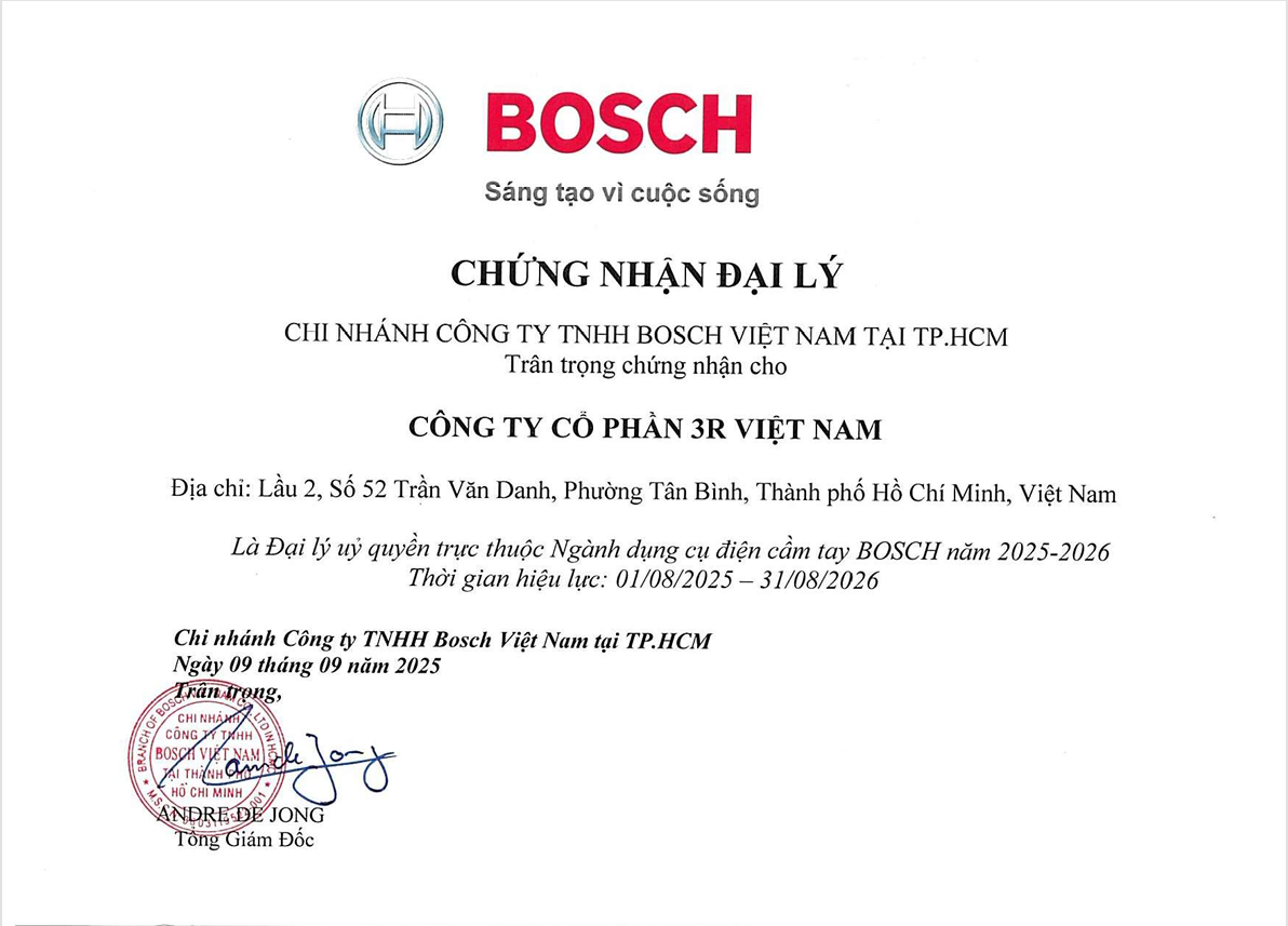 Chứng nhận đại lý chính hãng Bosch - 3R Việt Nam