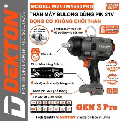 Máy siết bu lông dùng pin 21V Dekton M21-IW1650PRO