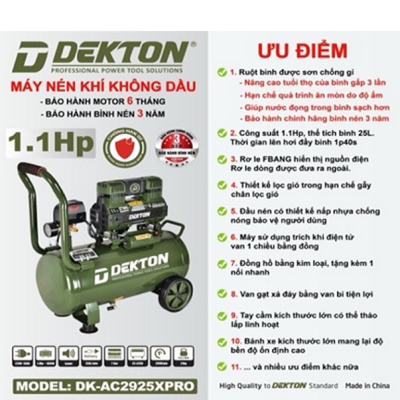 Máy nén khí 25L không dầu (oliu) DK-AC2925XPRO Dekton