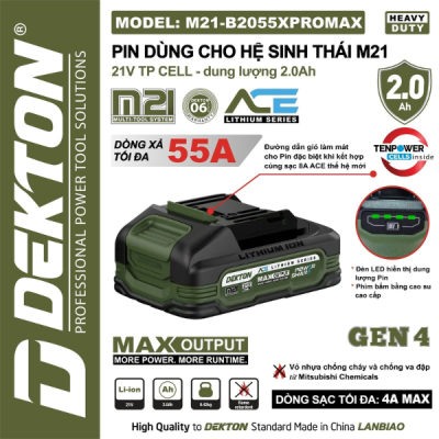 Pin 2.0Ah/21V (xanh) M21-B2055PROMAX ( CHẤT LƯỢNG CAO) Dekton