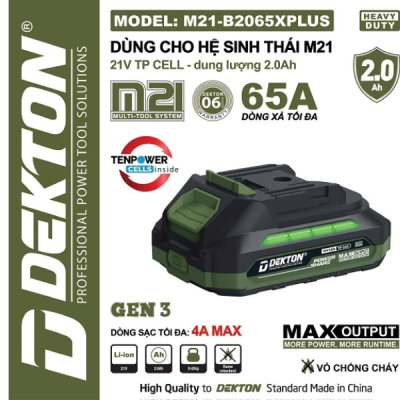 Pin 2.0Ah -dòng xả max 65A (oliu) M21-B2065XPLUS Dekton