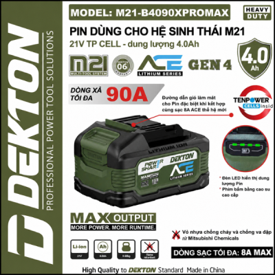 pin 4.0Ah/21V (oliu) M21-B4090PROMAX ( CHẤT LƯỢNG CAO) Dekton