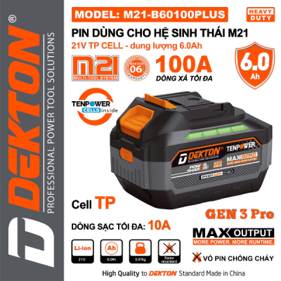 Pin 6.0Ah - 15 cell TP dòng xả max : 100A _sử dụng sạc max : 10A (xanh) M21-B60100PLUS Dekton