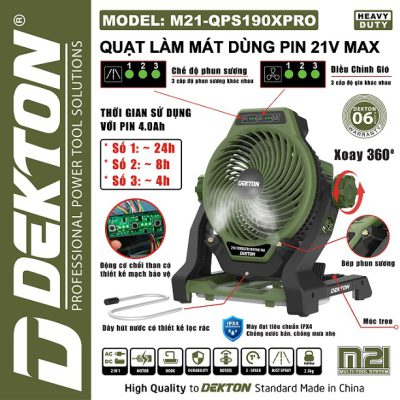 Quạt dùng pin 21V dekton - thiết kế phun sương làm mát (olive) M21-QPS190XPRO CÓ PHUN SƯƠNG Dekton